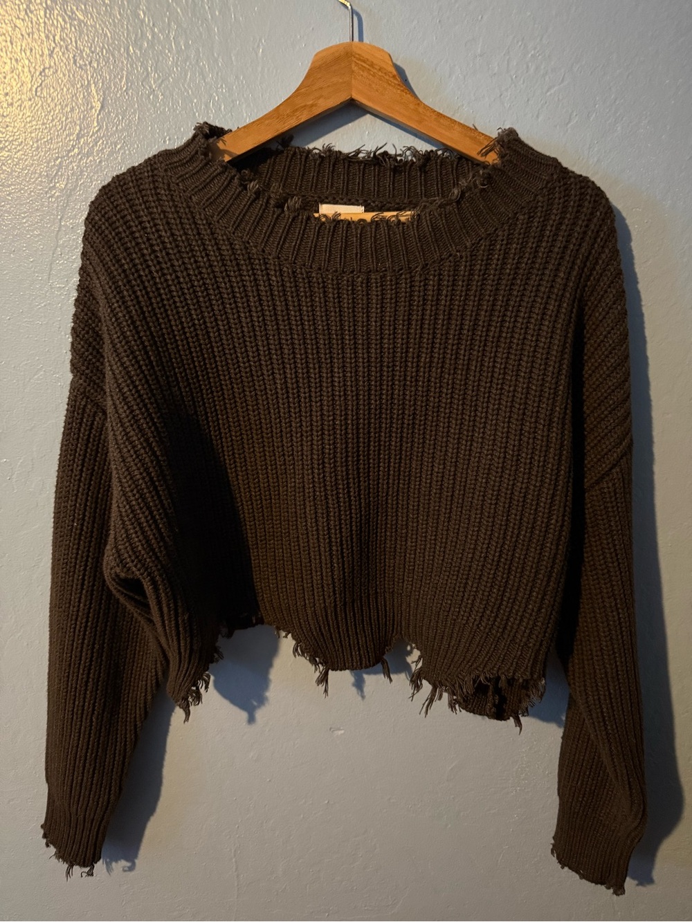 Le Lis Cropped Distressed Crewneck Sweater - Dark Chocolate Brown
